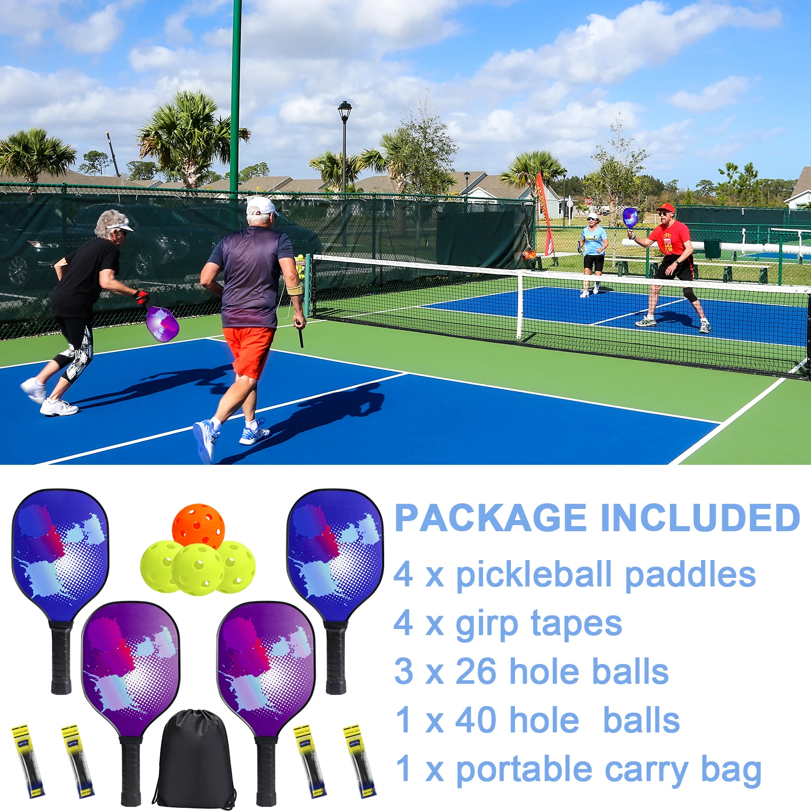 Set de pickleball KOFULL 4 raquettes premium avec balles, grips et sac - Parfait pour débutants et familles