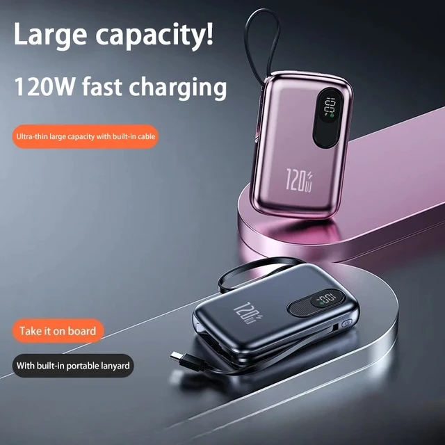 New 100000MAh 120W Super Fast Charge Built-in Cable Mini Power Bank Portable Charger, External Battery for iPhone Xiaomi Samsung