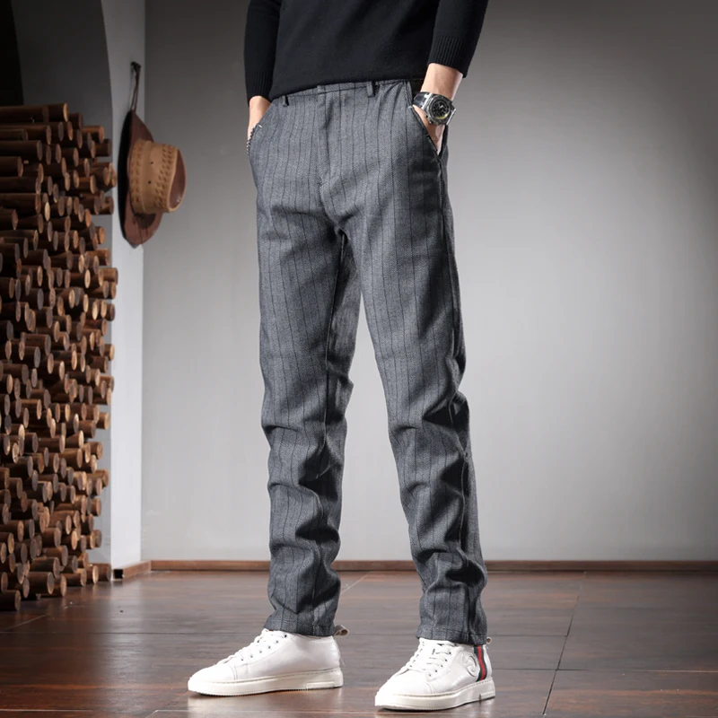 Autumn Striped Pants Men Korean Style Social Casual Gray Black Slim Fit Straight Suit Trousers