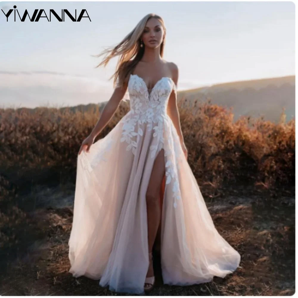 

Sexy V-neck Backless Wedding Dress Classic Lace Appliques Dress For Bride Elegant Off The Shoulder A-line Long Bridal Gown