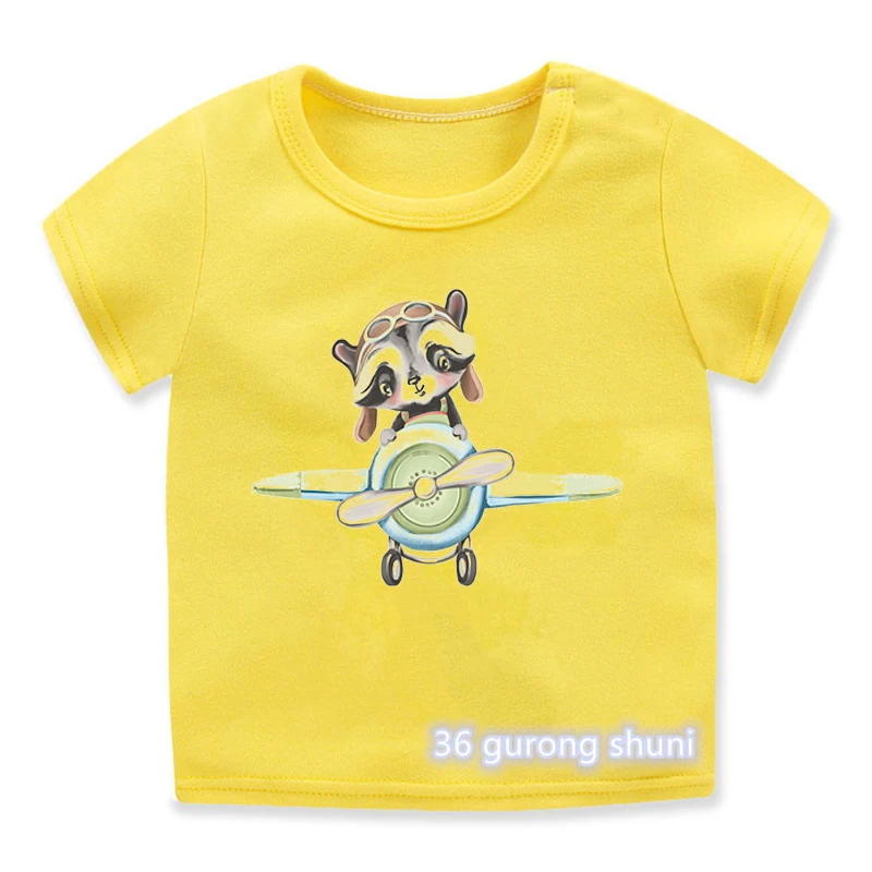 

Funny Kids Tshirt Cartoon Bear Rabbit Fox Owl Balloon Airplane Print Kids Clothes Summer Boys T-Shirt Yellow Short Sleeve Tops