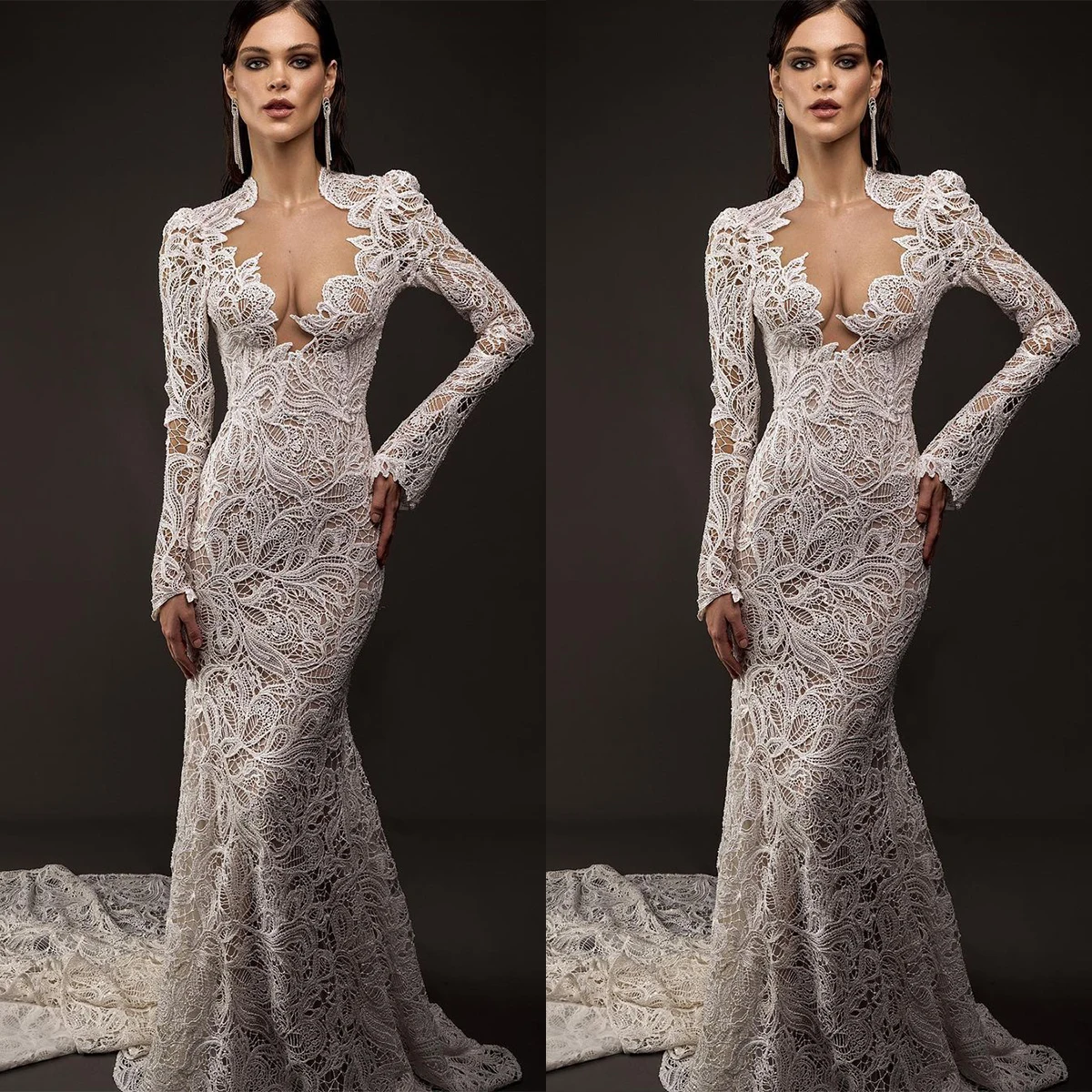 

Современное свадебное платье с юбкой-годе, кружевное с длинными рукавами, иллюзионное свадебное платье с V-образным вырезом, индивидуальный пошив, свадебные платья