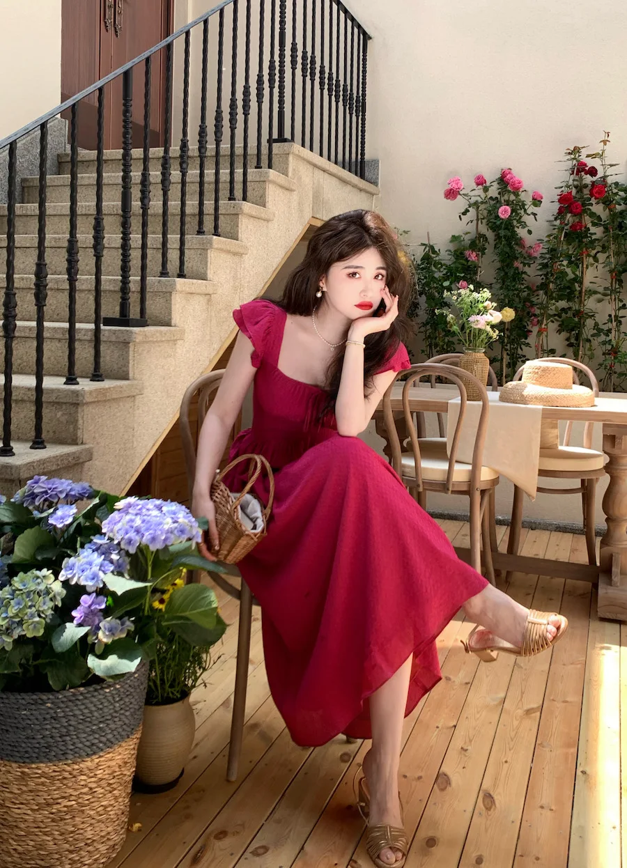 Elegant Vintage Midi Dresses for Women Summer New Square Collar High Waist Princess Party Dress Casual A-line Vestido Mujer
