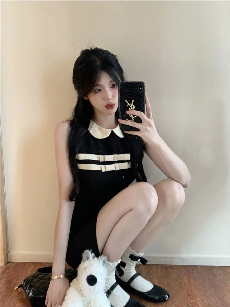 

Deeptown Korean Style Black Mini Tight Dress Women Y2k Preppy Peter Pan Collar Sleeveless Bodycone Wrap Dresses Cute Vestidos