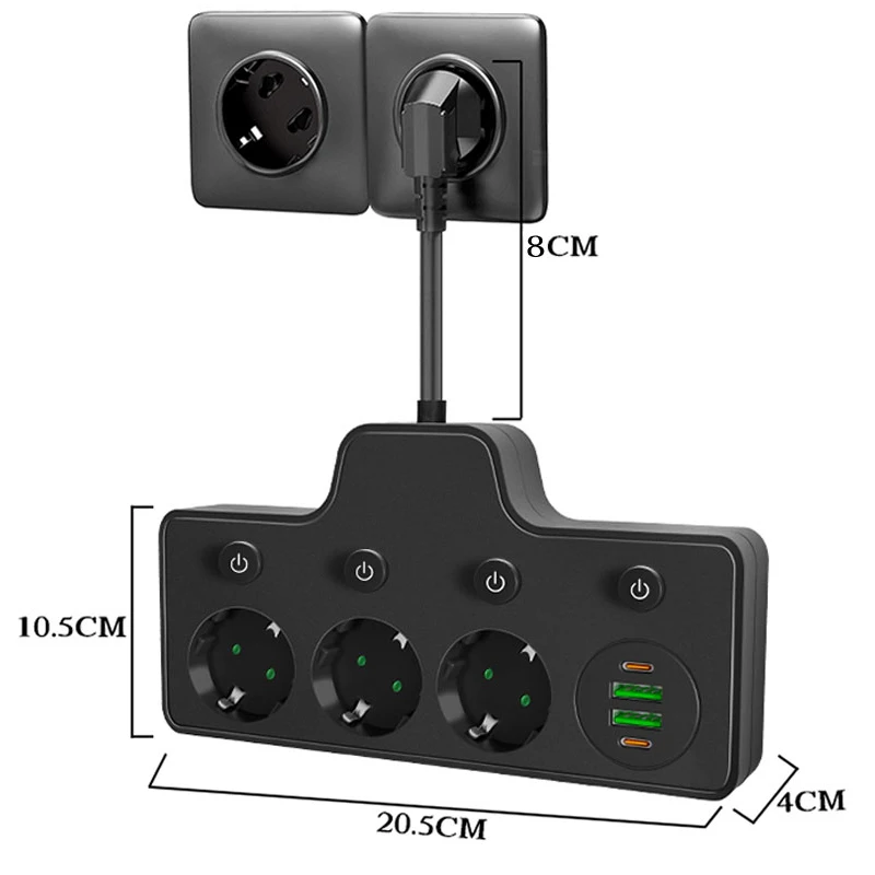 EU Plug Power Strip With 3 AC Outlets+ USB Port+ Type C Socket Adapter Wall Charger for Home Office Network Filter Fast Charging