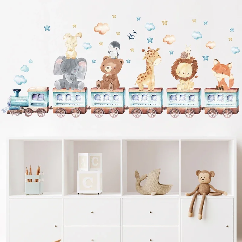 Watercolor Cartoon Animals on the Train Bear Elephant Giraffe Wall Stickers for Kids Room Baby Nursery Room Bedroom Wall Decals