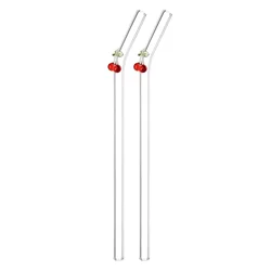 Set of Reusable Clear Glass Straws with Colorful Cherry Design and Cleaning Brush (2 straws)