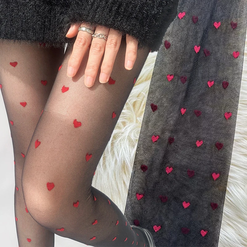 여성용 섹시한 블랙 스타킹, 하트 도트 보우 프린트 팬티 스타킹, 투명 메쉬 나일론 스트레치 심리스 양말, 여름 패션