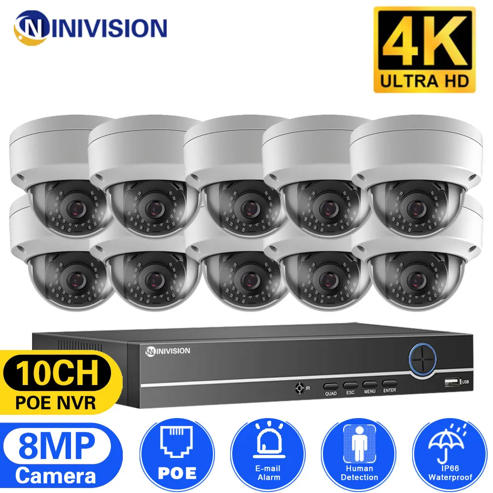 

10CH 4K 8MP POE IP Security Camera System NVR Kit Outdoor IP66 Weatherproof Dome H.265+ 8CH Home P2P Video Surveillance Cam Set