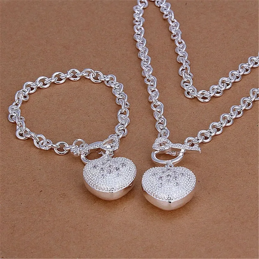 Charm Crystal heart pendant 925 sterling silver Bracelets necklace Jewelry set for women Fashion wedding Party Gift Girl jewelry set,silver jewelry,silver jewelry set,crystal jewelry set
