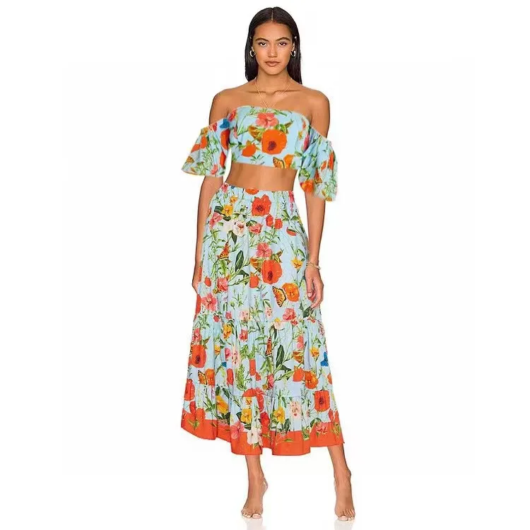 

2023 New fashion good quality bikini set Fashion print halter one-piece swimsuit + beach skirt