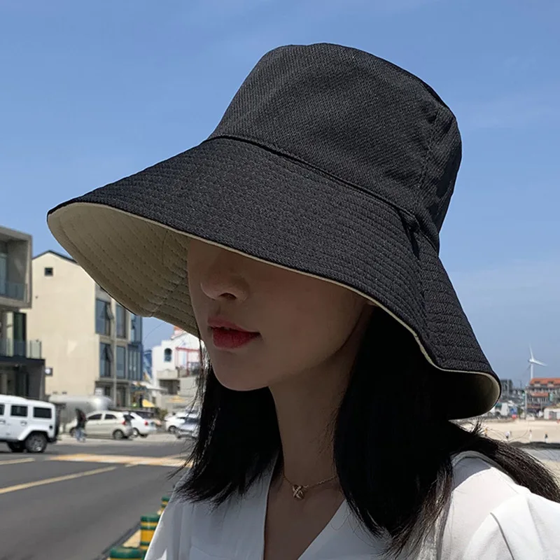 Summer Women Double-sided Bucket Hats Big Brim Foldable Solid Sun Hats Fisherman Hat for Travel sunscreen hats