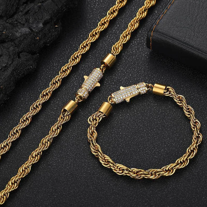 

6mm Titanium Steel Twist Rope Chain Link Necklaces for Men Women Unisex Hip Hop Bling Iced Out Rock jewelry Gold Silver Color