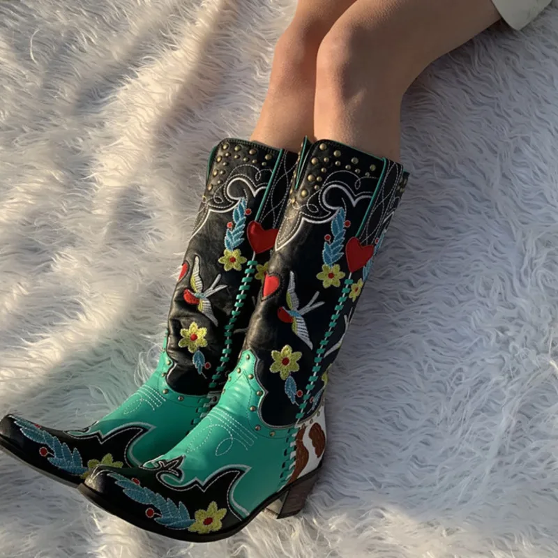 Embroidered Leather Women's Western Cowboy Boots For Country Riding Dance Party Leather Boots