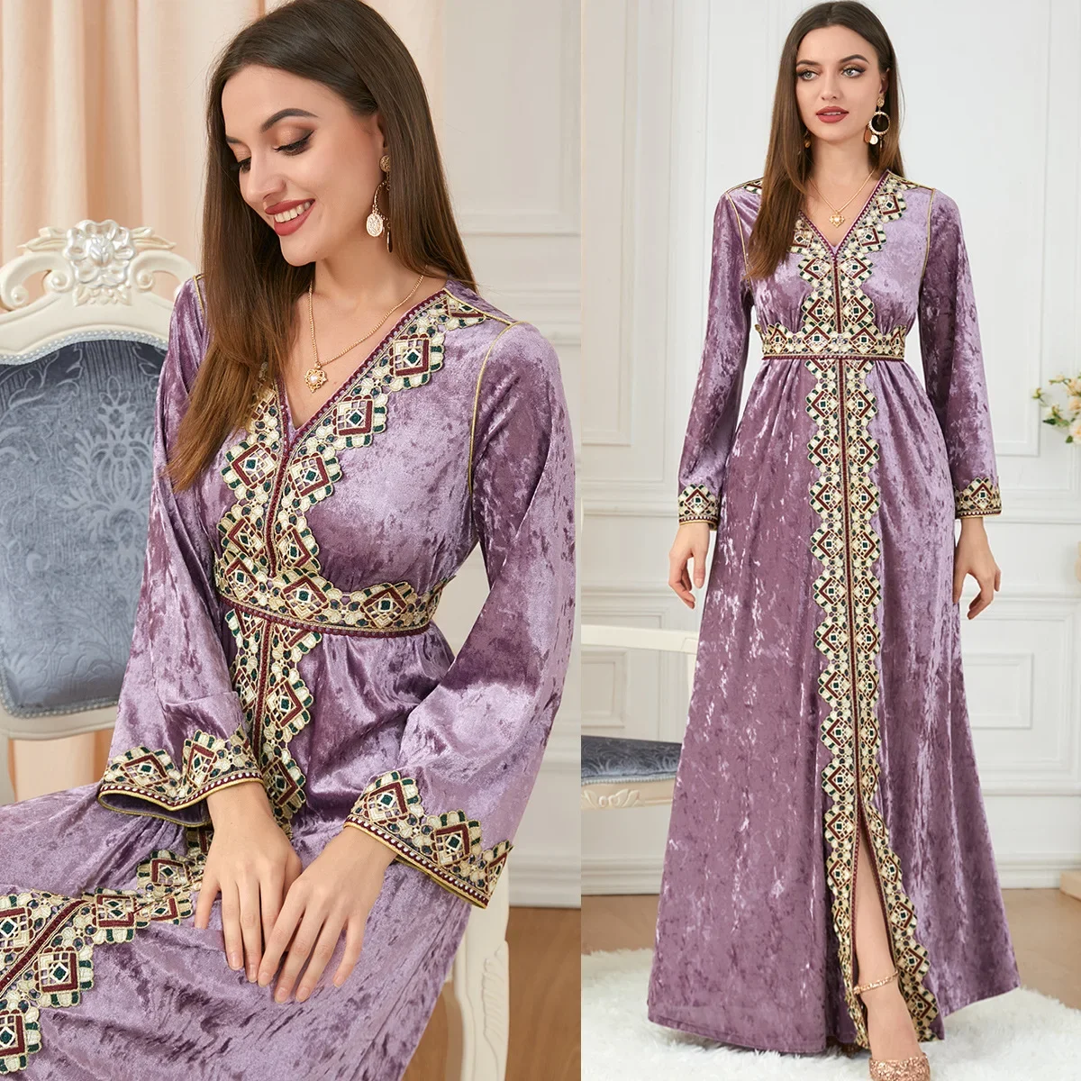 

Musilim Abayas For Women Floral Embroidery Moroccan Caftan Belt Long Sleeve Luxury Velvet Split Hem Slim A-Line Party Dresses