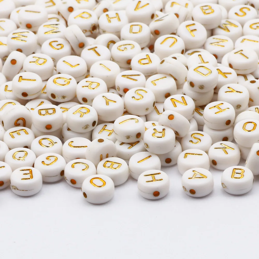 7mm White Gold Color Mix Letter Acrylic Beads Round Flat Alphabet Loose Beads For Jewelry Making Handmade Diy Bracelet Necklace