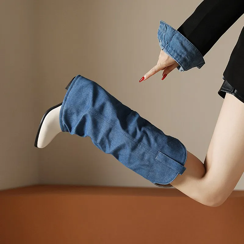 ORCHA LISA 여성용 루즈 데님, 무릎 높이 부츠, 뾰족한 토 블록 힐, 6.5cm 슬립온 빅 사이즈 46 47 48 캐주얼 여성 웨스턴 부티