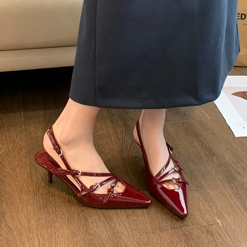 Pumps Footwear Red Women High Heels Shoes Luxury Fashion Metal Buckle Ladies Heels Shoes Female Pointed Toe Slingbacks