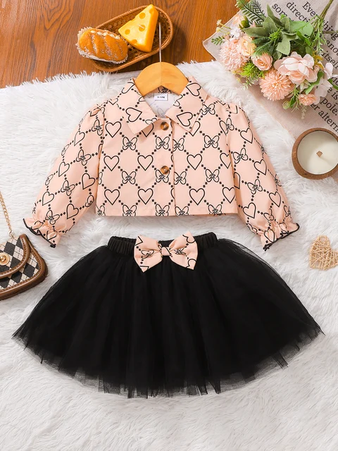 Bebé niña Casual primavera otoño corazón estampado Top + falda de tul negro conjunto de dos piezas ropa infantil