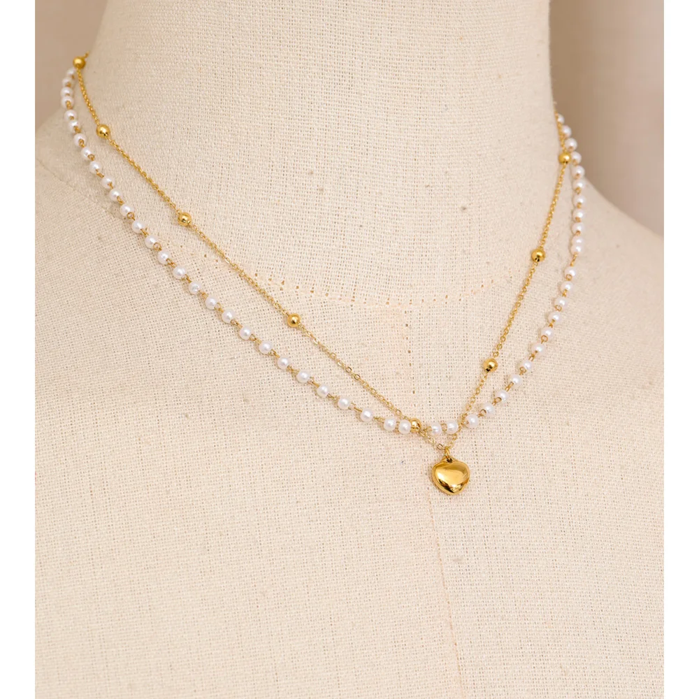Yhpup Pearls Necklace Double Layer Chain for Women Stainless Steel