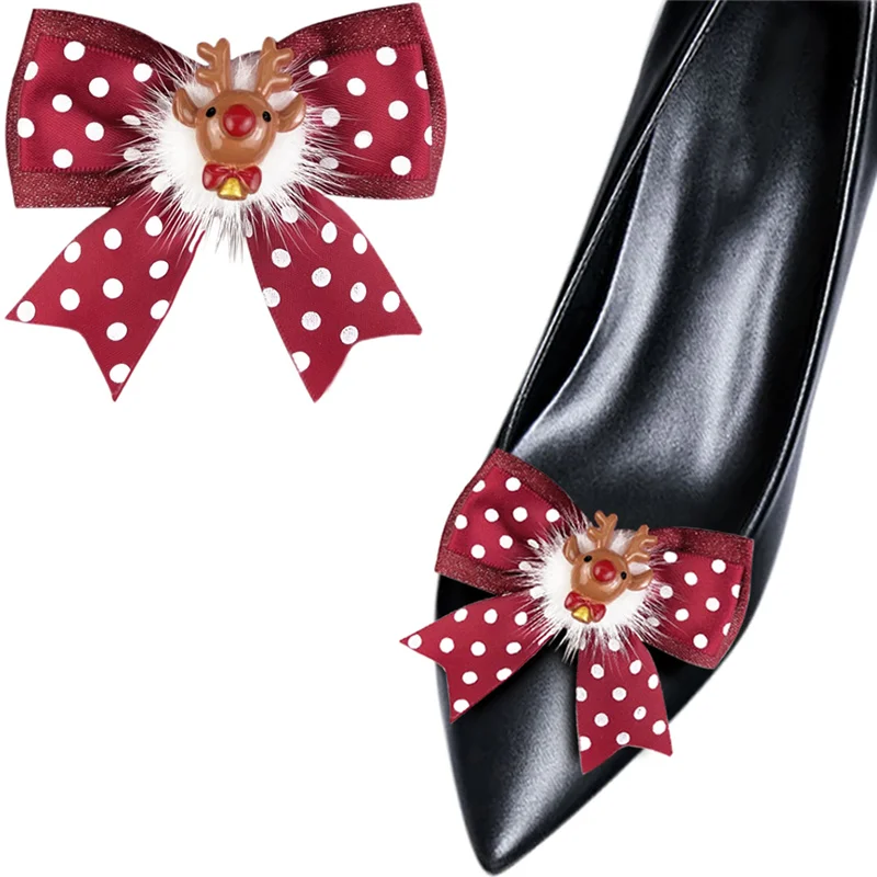 

1 Pair Christmas Elk Shoe Clips Red Dots Bow Shoe Embellishment Detachable Pom Pom Shoe Accessories for Women Wedding Party DIY