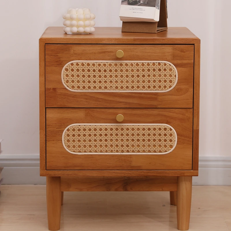 Nightstands Set of Bedside Table with Drawer and Shelf Handmade Rattan Decorated Doors Night Stands for Bedroom