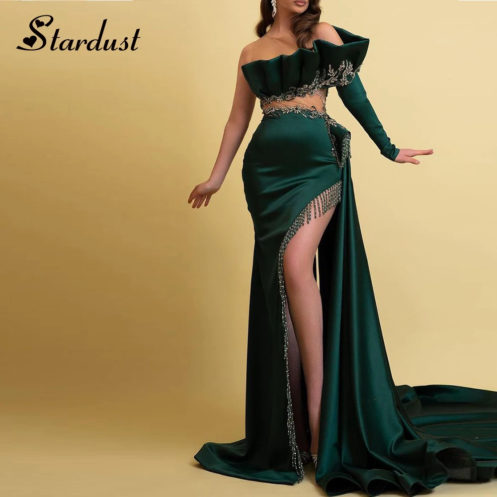 

Stardust Stylish Mermaid Evening Dresses One Shoulder Slit O-Neck Appliques Saudi Arabric Celebrity Formal Gown Vestidos De Gala