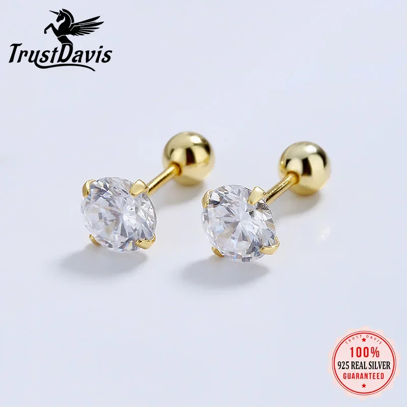 

TrustDavis Real 925 Sterling Silver Fashion Shiny CZ 3/4/5/6mm Beads Screw Stud Earrings For Women Wedding Fine Jewelry DA2299