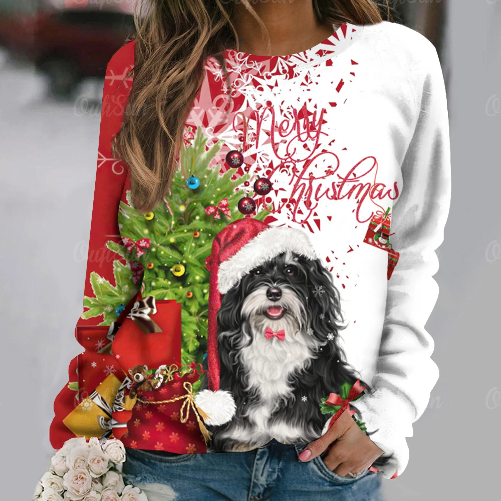 

Pet Puppy Print Women's Cotton T-Shirt Christmas Clothing For Ladies Autumn O Neck Oversized Long Sleeve Female Festival Blouse