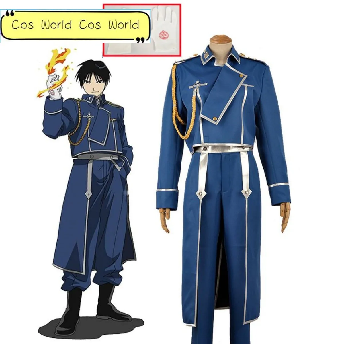 

Roy Mustang Cosplay Anime Fullmetal Alchemist Cosplay Costume Adult Halloween Blue Military Uniform Coat Pants Trench Set