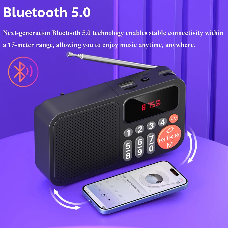 Mini Portable FM Radio Handheld Rechargeable Digital FM USB TF MP3 Player Bluetooth Speaker with LED Display Radios Receiver