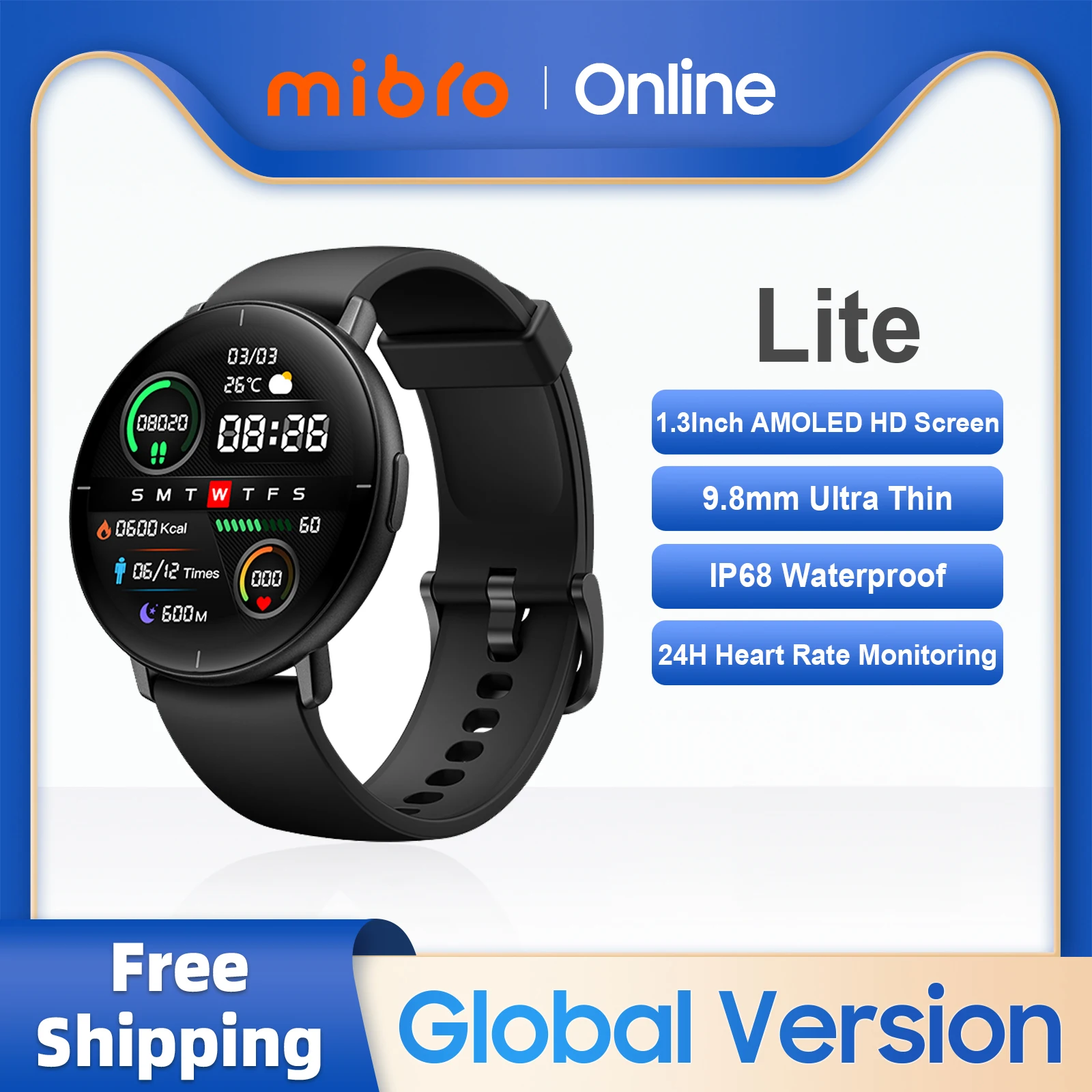 

Mibro Lite Smartwatch Global Version 1.3Inch AMOLED HD Display IP68 Waterproof App Control Fitness Monitoring Bluetooth Watch