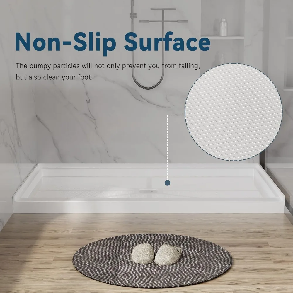 Shower Base for Bathroom, 60'' L X 32'' W X 4'' H, Rectangle SMC Shower Pan in White, Single Threshold Base