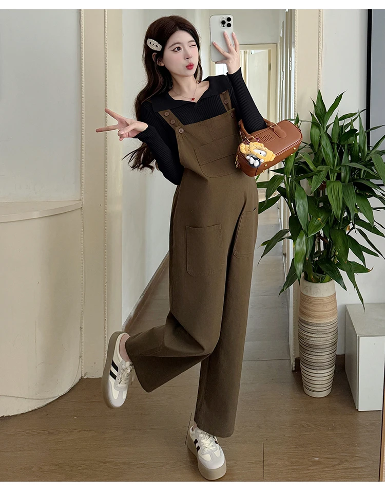 Spring Maternity Clothes Set Long Sleeve Top+Loose Jumpsuits Two Pieces Set Pregnant Woman Wide Legs Overalls Pants Suits