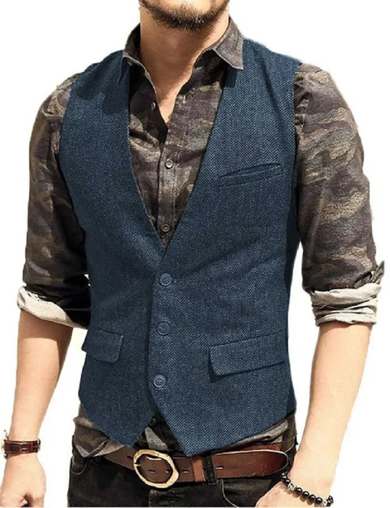 Men's Suit Vest V Neck Wool Herringbone Tweed Casual Waistcoat Formal Business Vest Groomman For Green/Black/Brown/Coffee