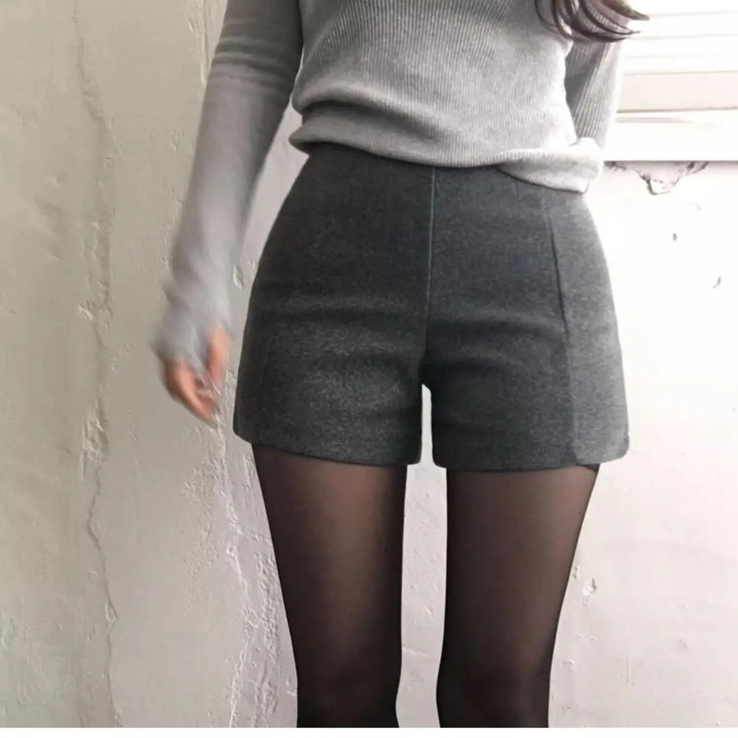 ay Woolen ort Pants Women's Autumn Winter Slim Fit Korean Sle High Waist Tee-quarter Length Polyester Fiber Straight ...