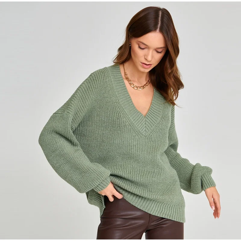 Shaker-Stitch Mohair Oversize Sweater  Women's V-Neck Pullover Autumn Winter V Neck Thick Warm Sweaters Loose Sweaters for Woman in Green