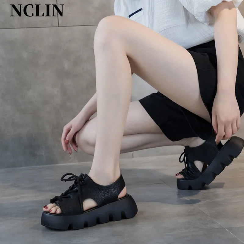 

Summer Women Sandals Round Toe Chunky Heel Lace-up Platform Shoes Genunine Leather High Heel GLADIATOR Sandals Women Handmade