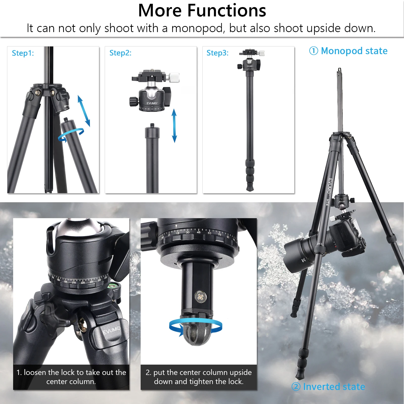EVUMO 65'' Tripod for Camera Portable Compact Aluminum Monopod Phone Stand Load 15kg HT4 with 36mm Panoramic Ball Head
