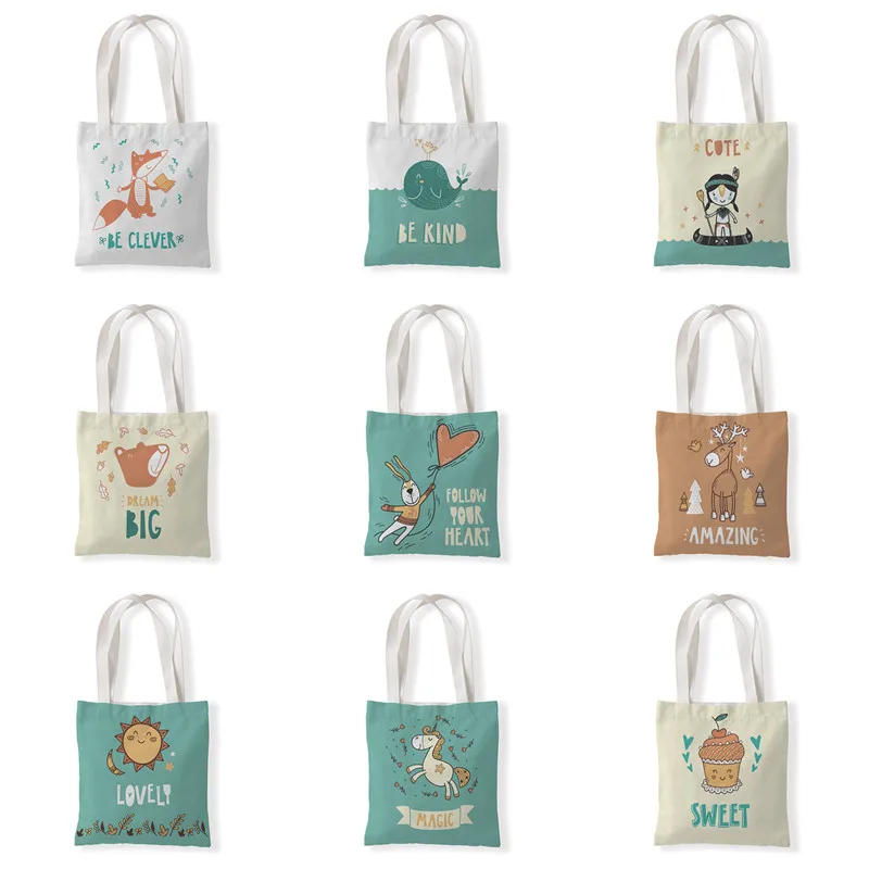 

Retro Literary Canvas Bag Women Shoulder Bag Cartoon Shopping Bag Shopper Ladies Reusable Animals Hand Bags Tote Bags