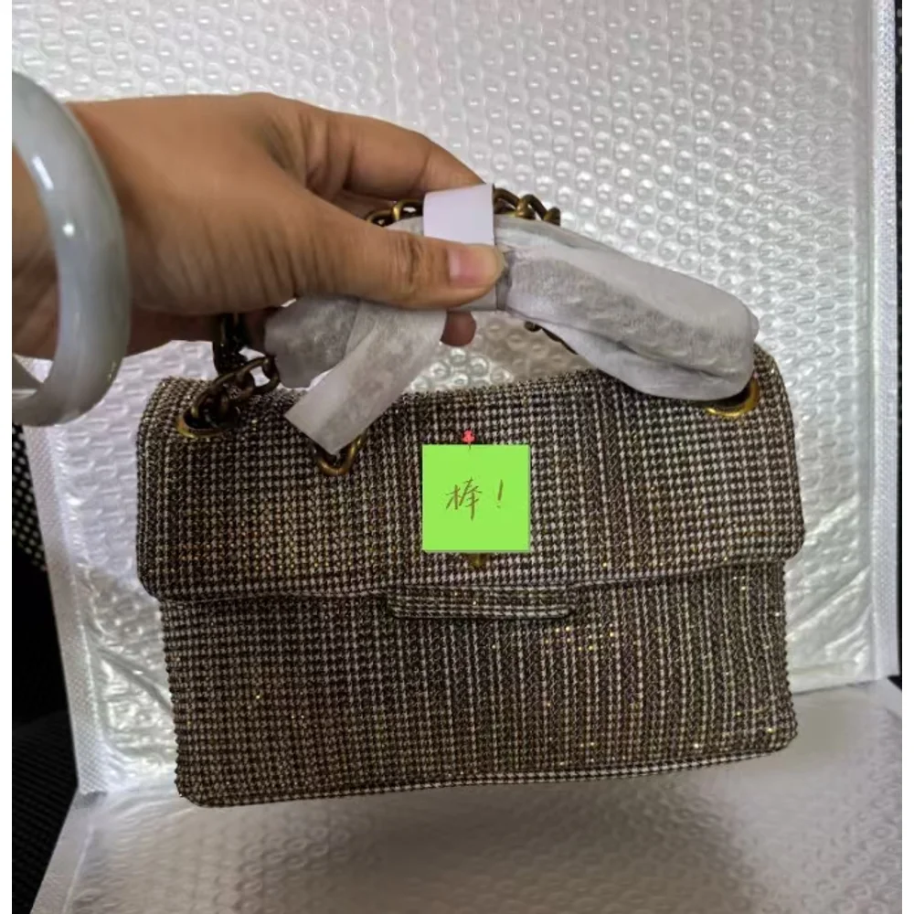 New Plaid Bag With Rhinestone Studs, Versatile Messenger Bag With Eagle Head And Chain Strap