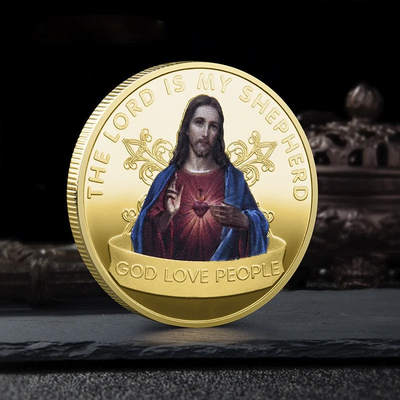 

God Love People Christian Commemorative Coins Religion Faith Jesus Painted Badge The Lord Is My Shepherd God with Me