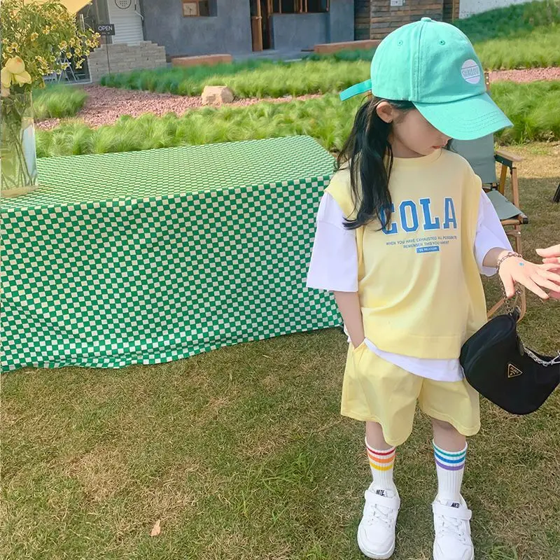 

Girl 2023 New Summer Casual T-shirt Suits Korean Style Baby Youth Teenage Girls Short Sleeve Contrast Color 2Pcs Clothes Sets