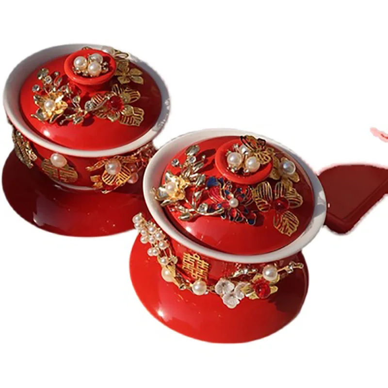 Double Happiness Tea Cover Bowl with Lid, Traditional Red Ceramics, Teacup Gaiwan, Home Teaware, Drinkware, 1 Pair