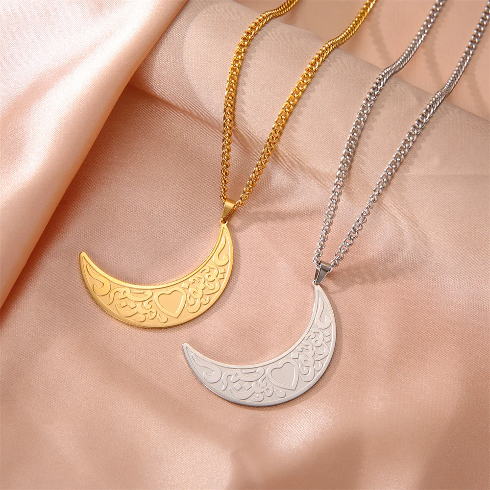 Collana con ciondolo a forma di runa della luna crescente del Corano in arabo islamico Eueavan, in acciaio inossidabile, con collane musulmane Allah, gioielli religiosi_voghion.com