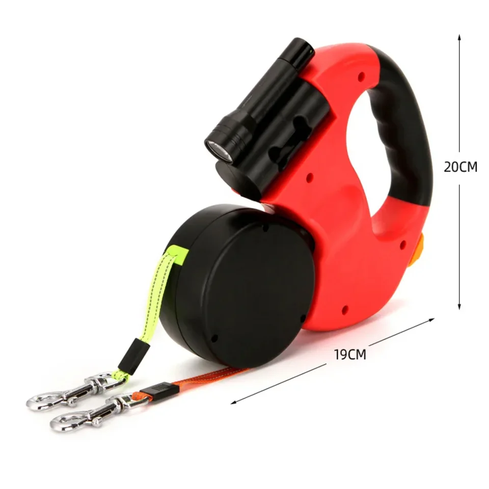Double Retractable Dog Leash with Flashlight and Poop Bag