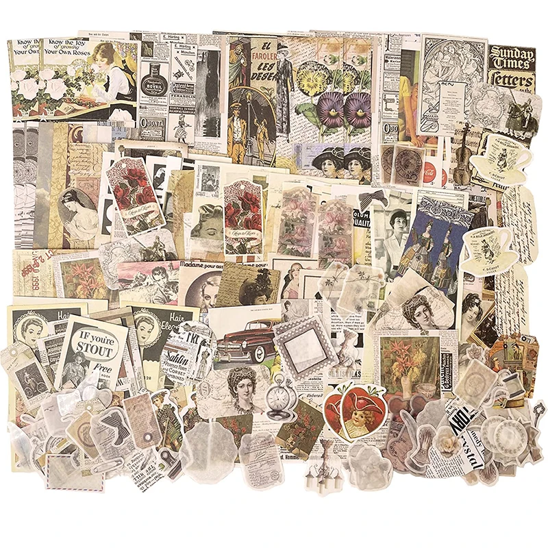 200Pcs Vintage Scrapbook Papers Supplies Pack DIY Paper Material Retro Washi Stickers for Art Craft Notebook Album Diary Envelop