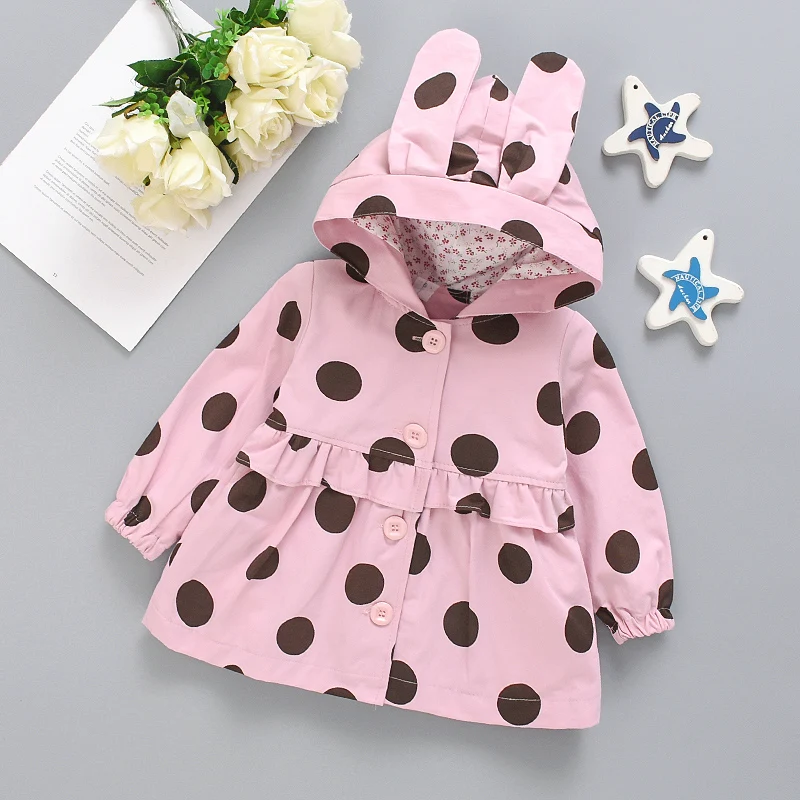 Spring and Autumn Girls' Coat Baby Girl Full of Polka Cartoon Rabbit Ears Hooded Long Sleeve Windbreaker