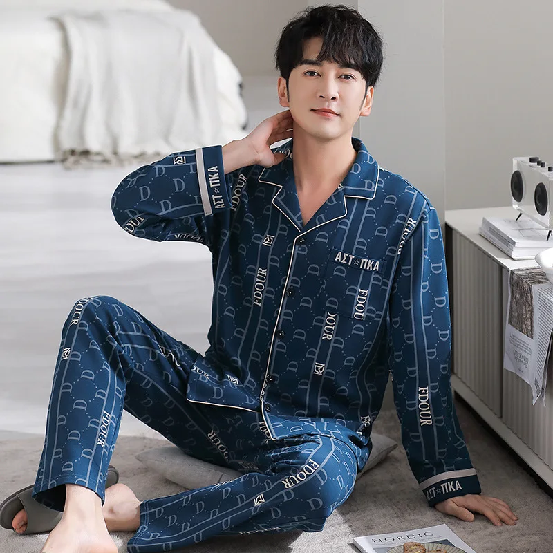 Autumn Winter Men's Cotton Pajamas Fashion Lapel Long Sleeve Cardigan Pants Comfortable Casual Loose Fitting Home Clothing Set 2021 new style pajamas women long sleeve lapel suit long pants cardigan leisure air conditioning clothing home autumn winter