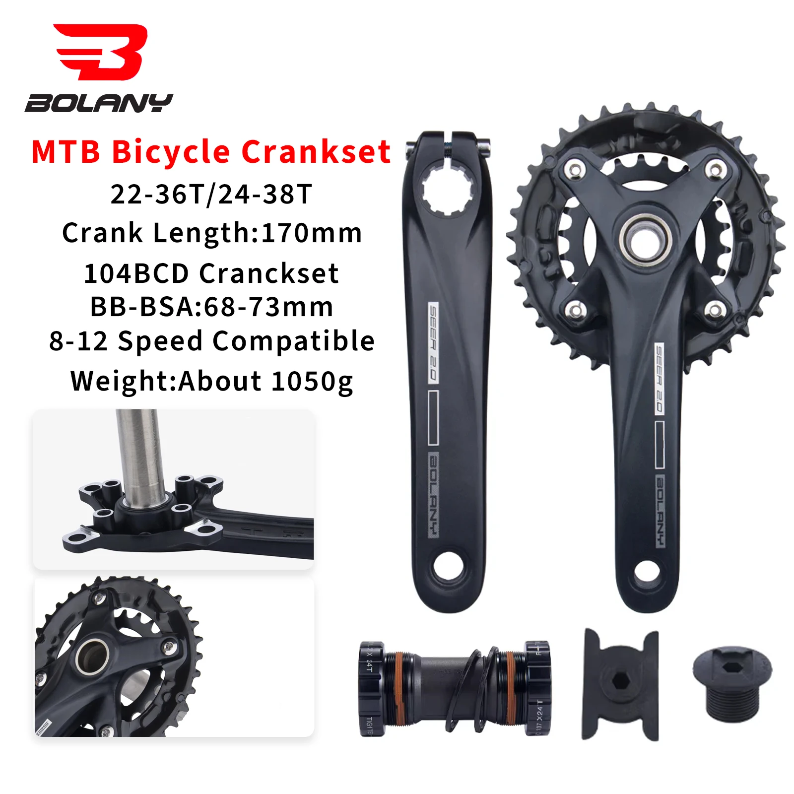 Guarnitura Per Bici Pieghevole 170mm, Corona Singola 47T – Pedivelle In Alluminio, BCD 130mm, Nero - 2